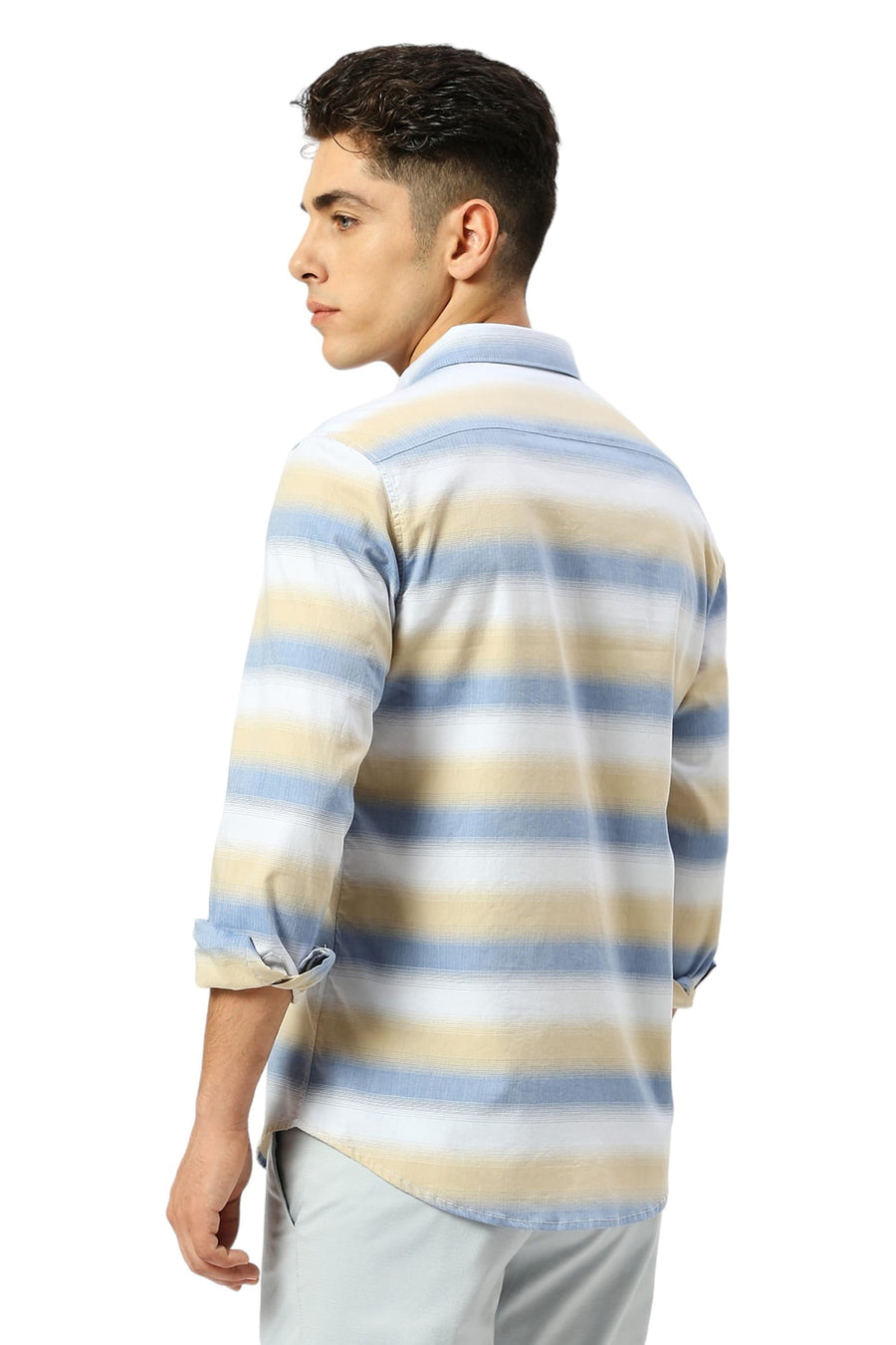 BASICS SLIM FIT LICHEN BLUE COTTON WEFT HERRINGBONE STRIPE SHIRT