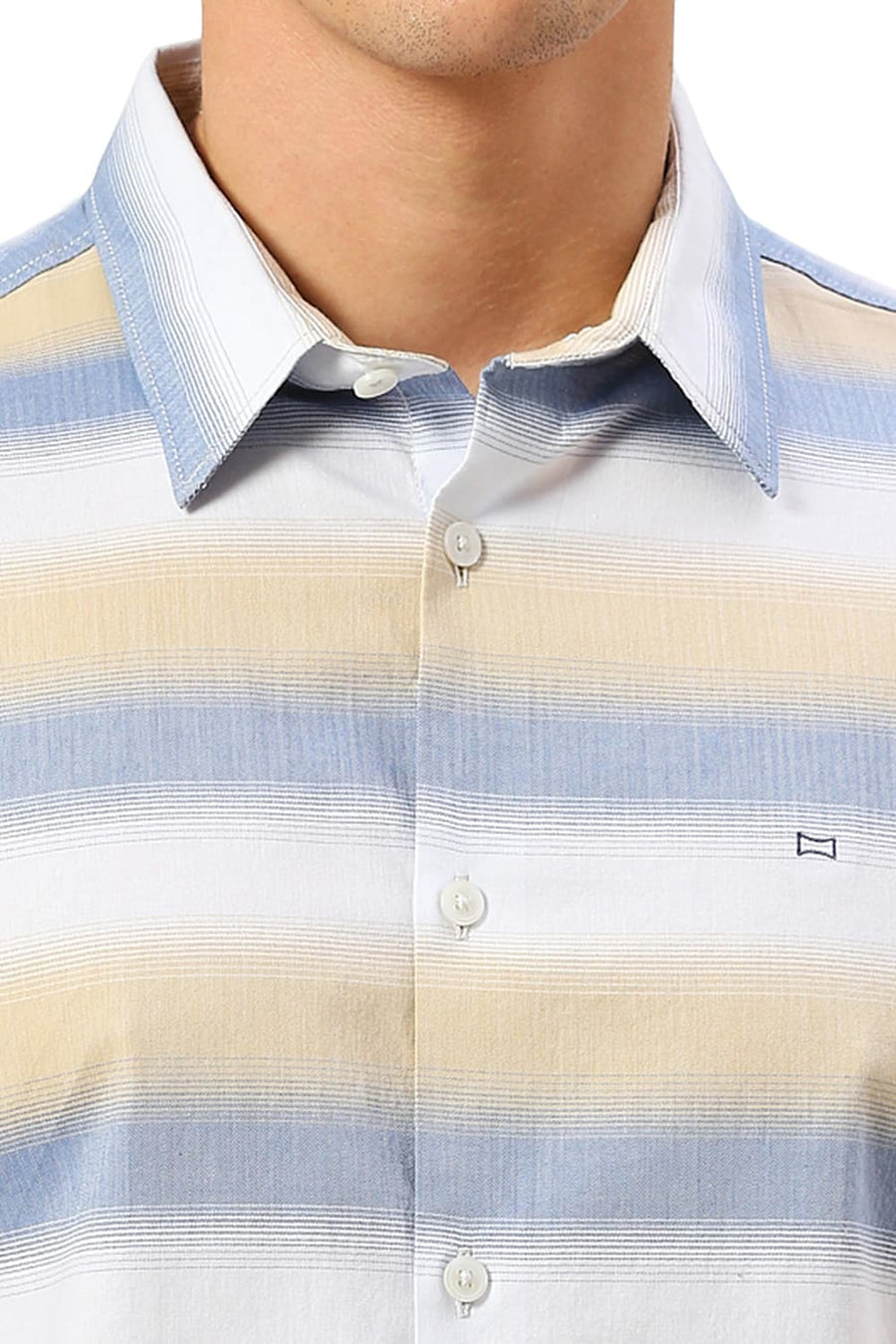 BASICS SLIM FIT LICHEN BLUE COTTON WEFT HERRINGBONE STRIPE HALFSLEEVES SHIRT
