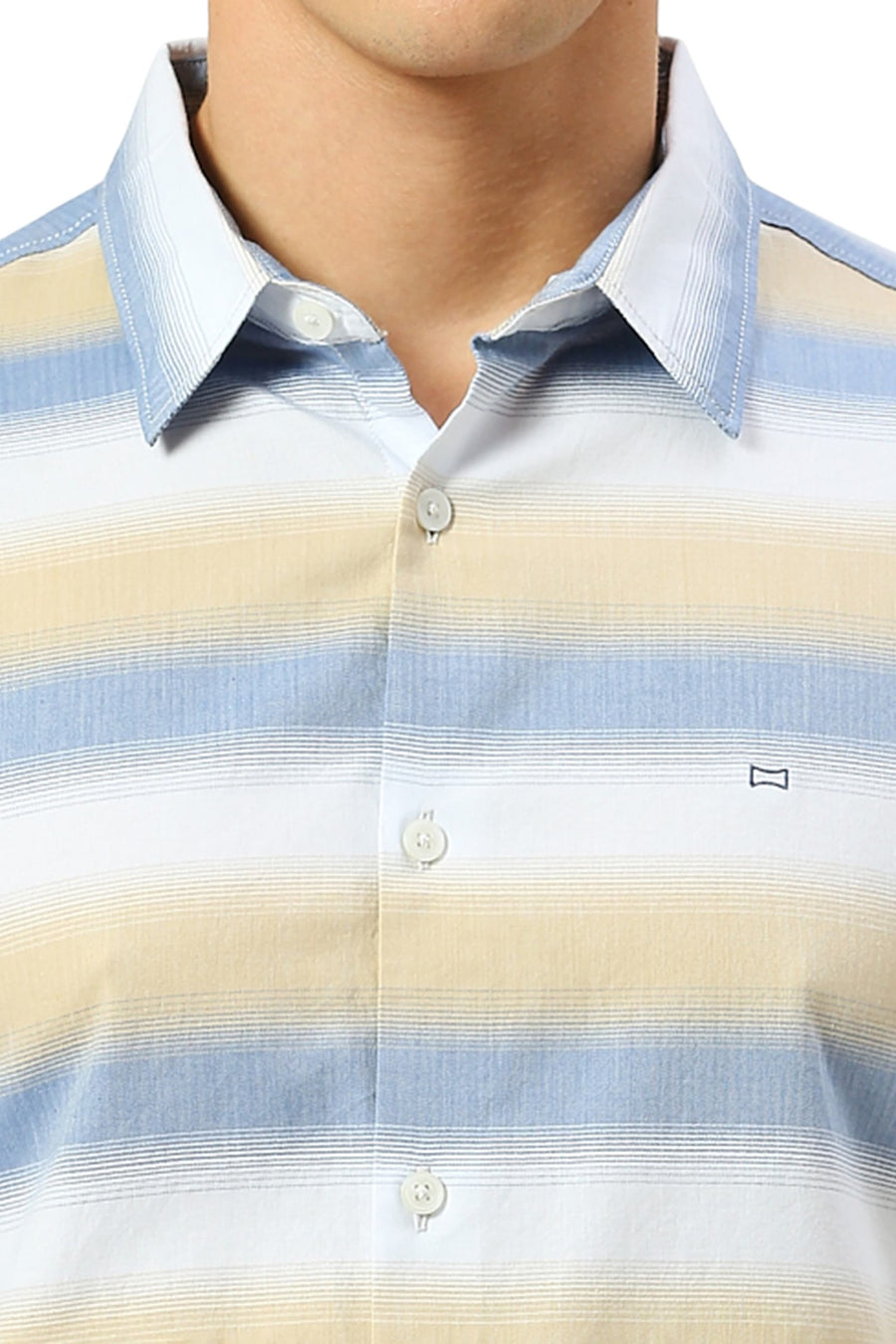 BASICS SLIM FIT LICHEN BLUE COTTON WEFT HERRINGBONE STRIPE SHIRT