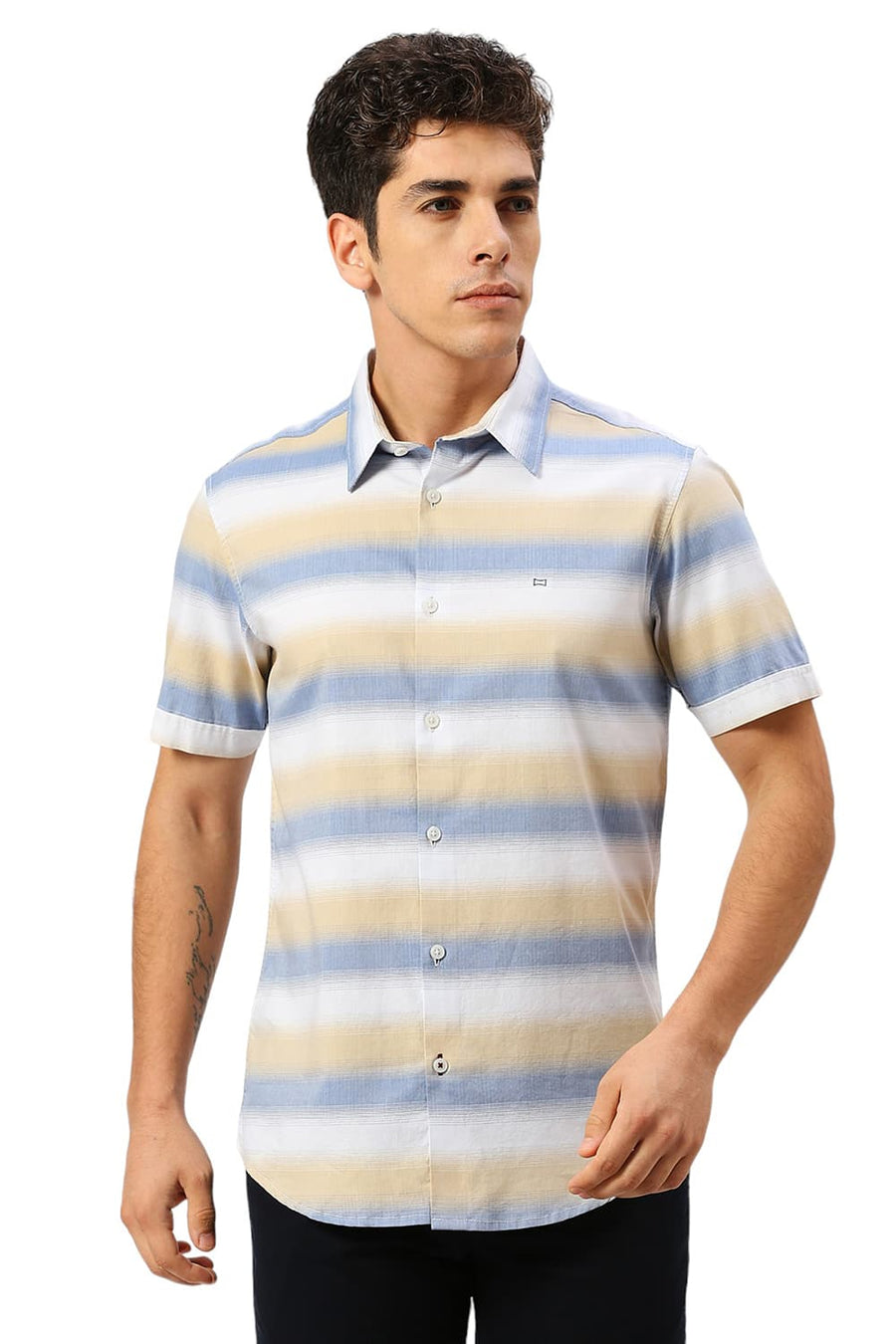 BASICS SLIM FIT LICHEN BLUE COTTON WEFT HERRINGBONE STRIPE HALFSLEEVES SHIRT