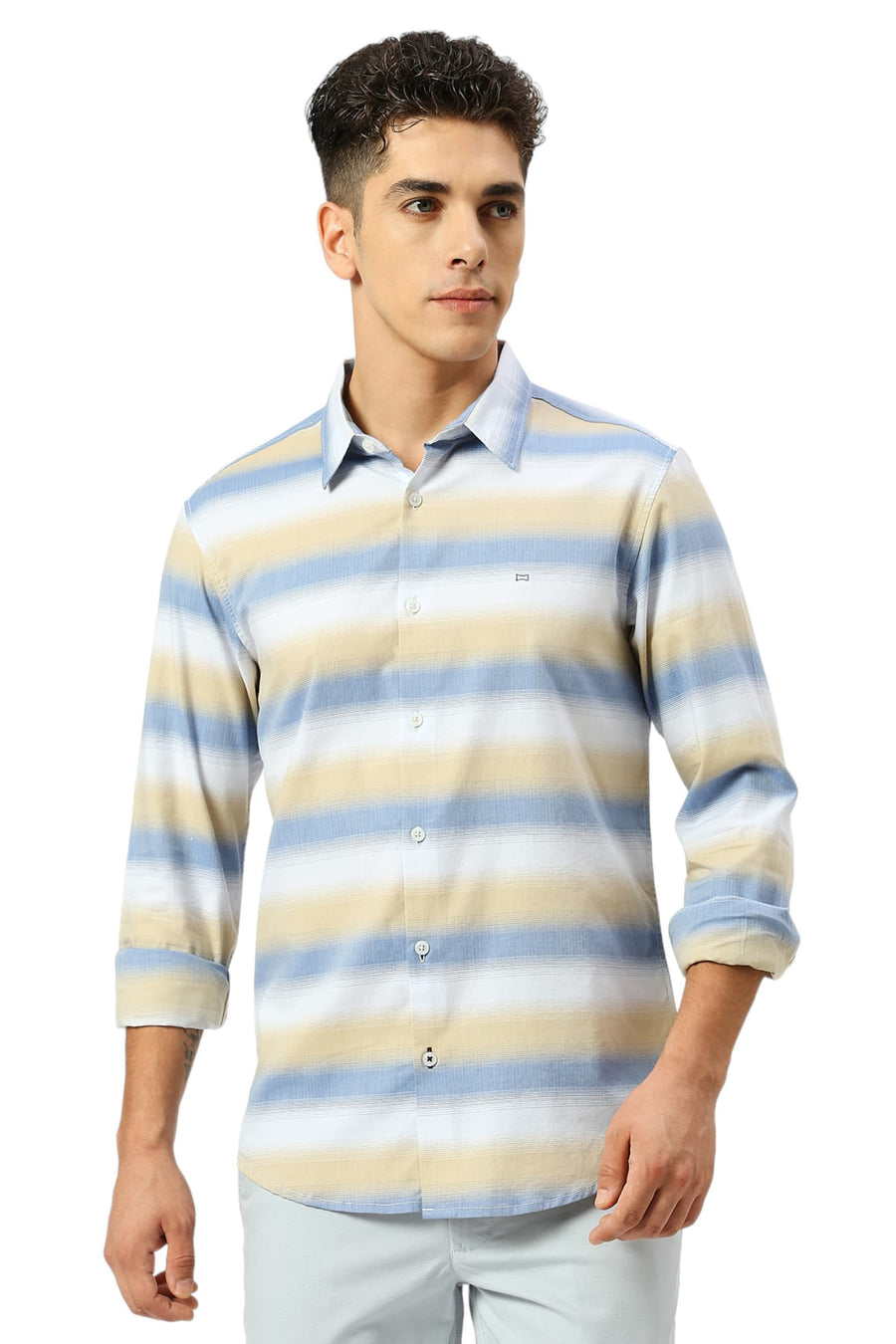 BASICS SLIM FIT LICHEN BLUE COTTON WEFT HERRINGBONE STRIPE SHIRT