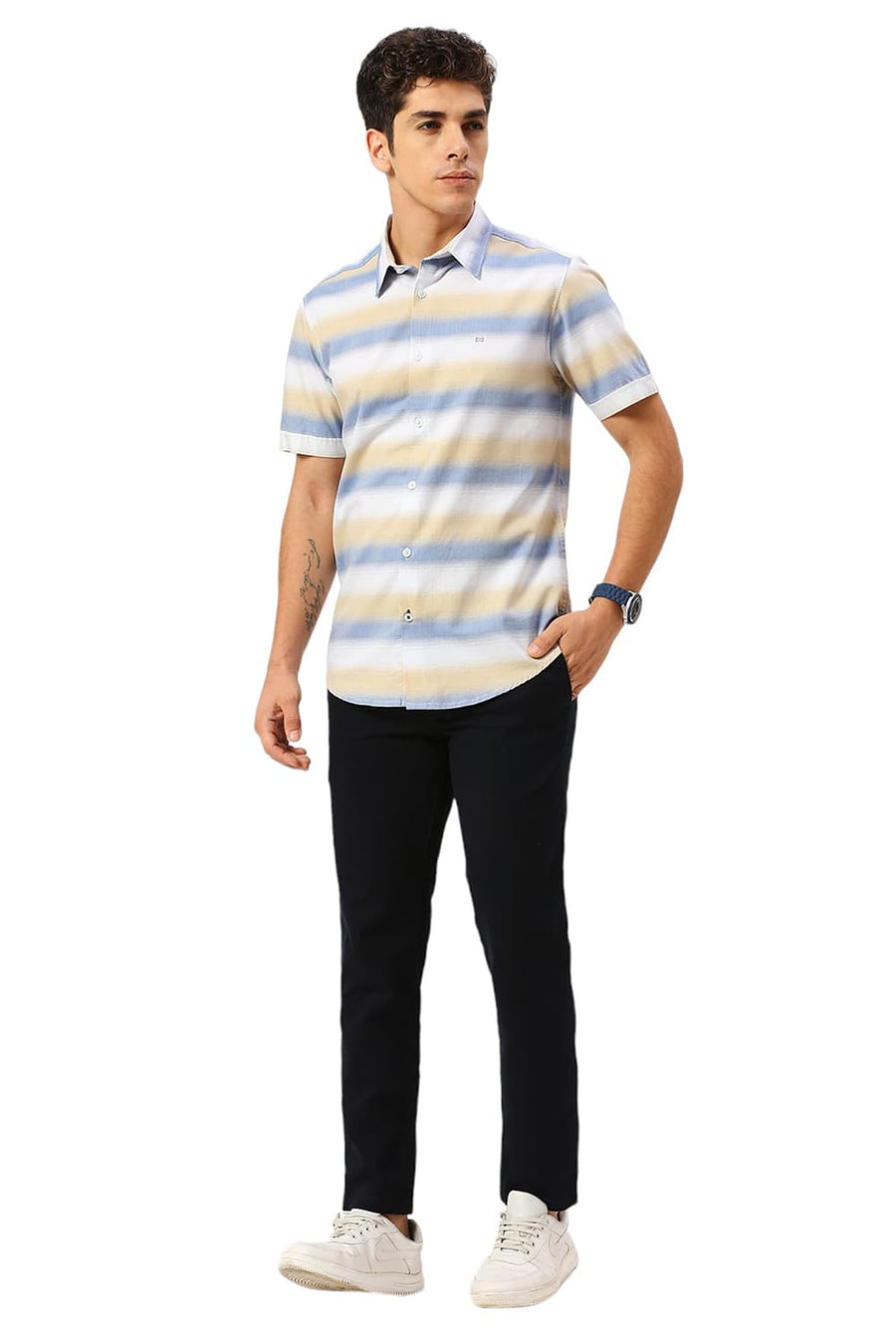 BASICS SLIM FIT LICHEN BLUE COTTON WEFT HERRINGBONE STRIPE HALFSLEEVES SHIRT