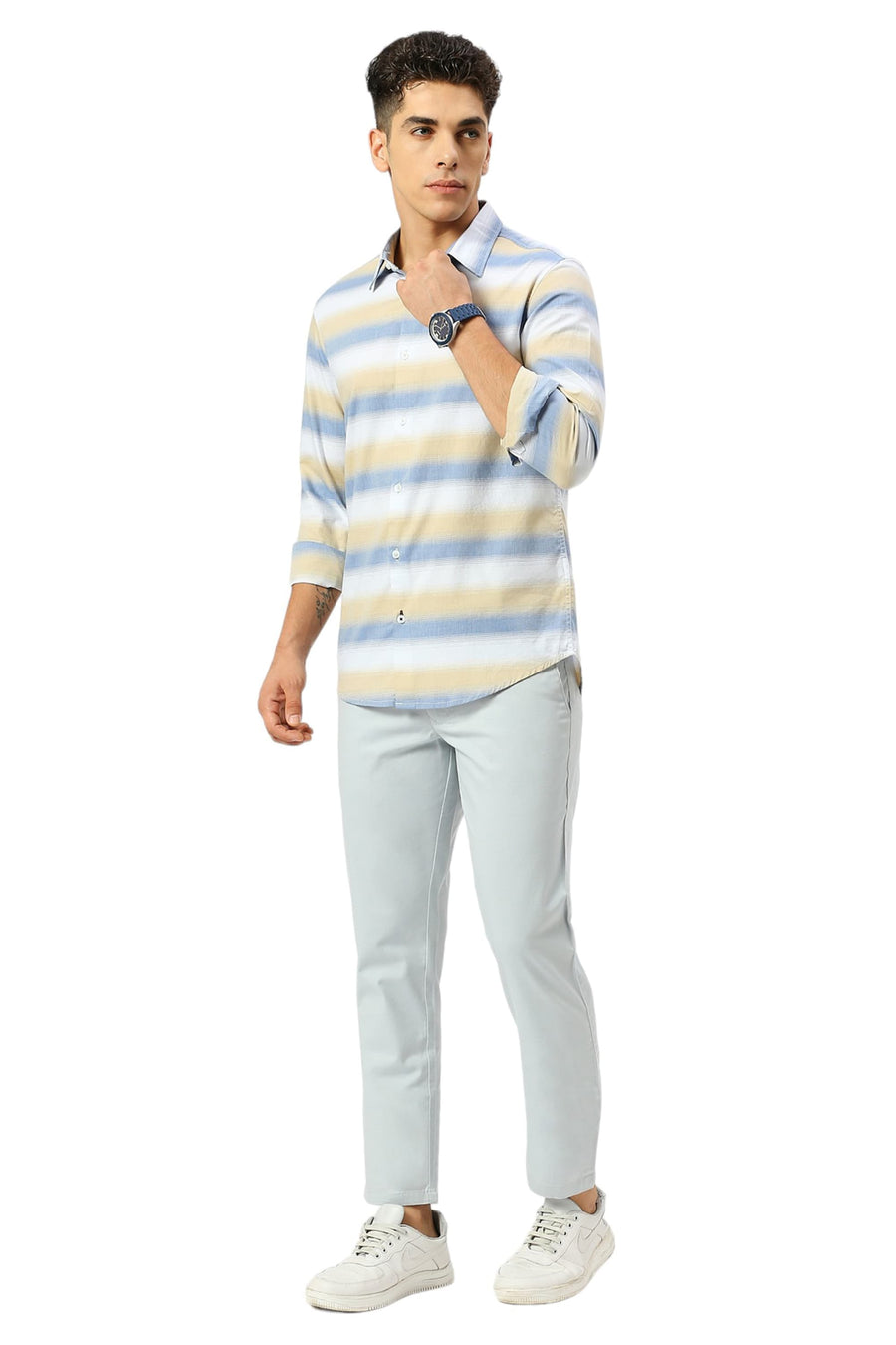 BASICS SLIM FIT LICHEN BLUE COTTON WEFT HERRINGBONE STRIPE SHIRT