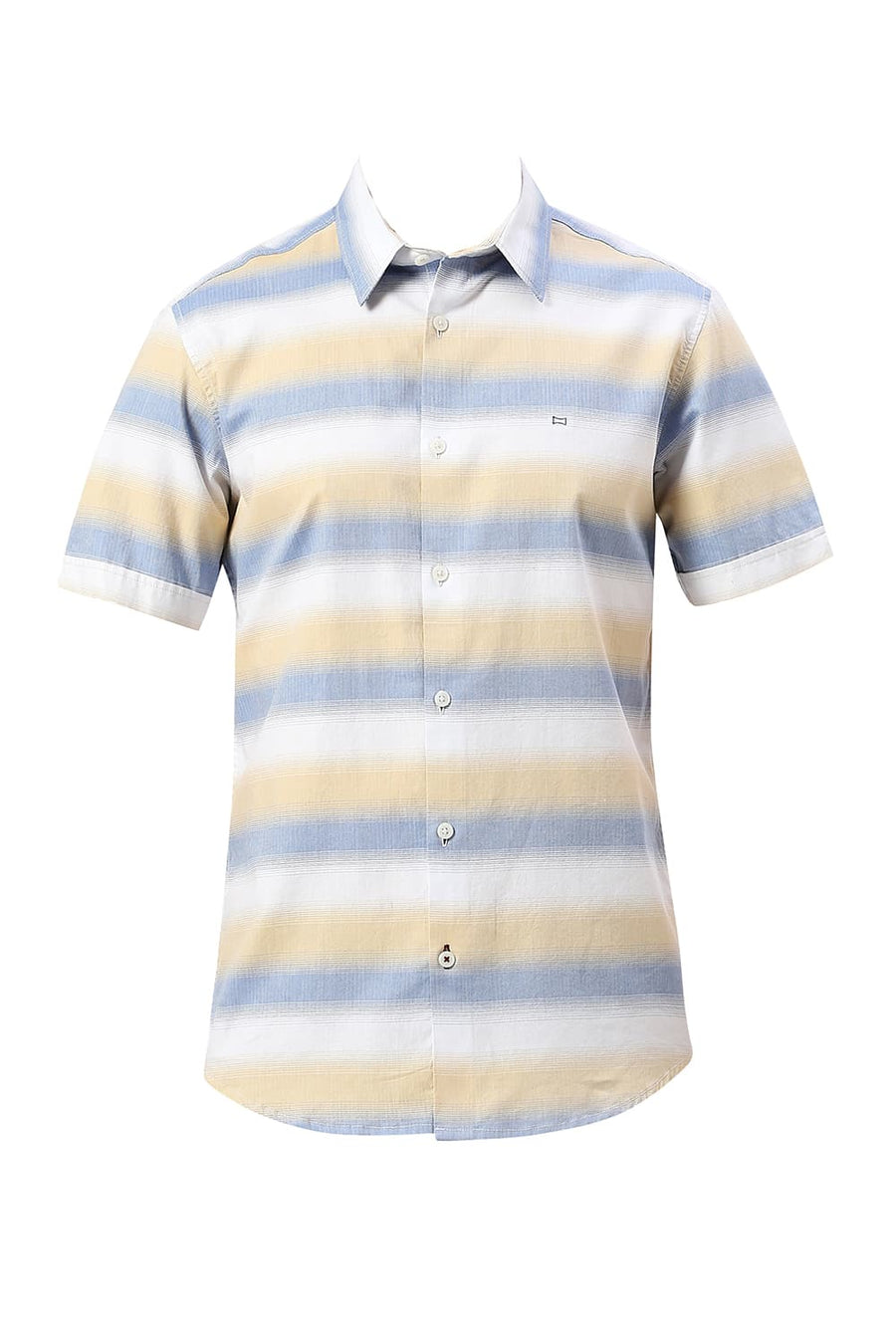 BASICS SLIM FIT LICHEN BLUE COTTON WEFT HERRINGBONE STRIPE HALFSLEEVES SHIRT