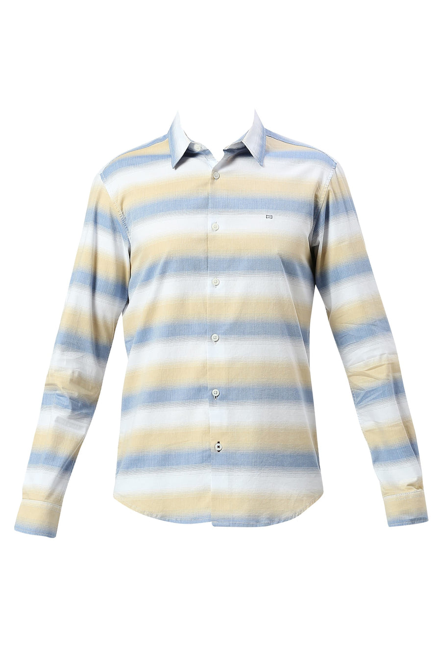 BASICS SLIM FIT LICHEN BLUE COTTON WEFT HERRINGBONE STRIPE SHIRT