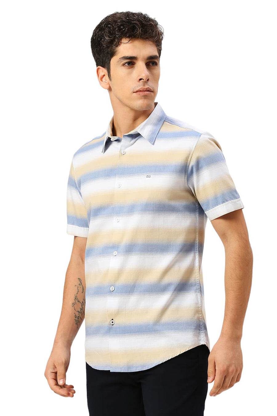 BASICS SLIM FIT LICHEN BLUE COTTON WEFT HERRINGBONE STRIPE HALFSLEEVES SHIRT