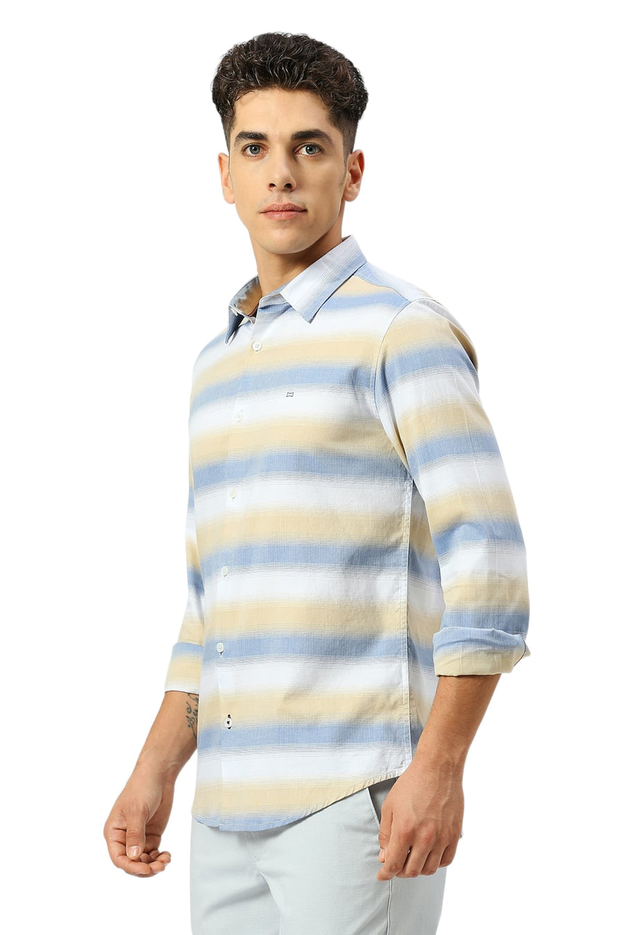 BASICS SLIM FIT LICHEN BLUE COTTON WEFT HERRINGBONE STRIPE SHIRT