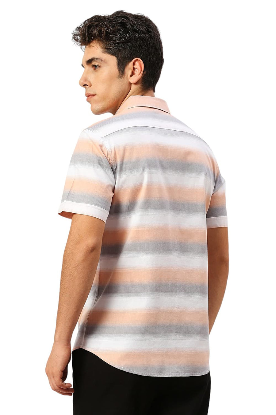 BASICS SLIM FIT FROST GREY COTTON WEFT HERRINGBONE STRIPE HALFSLEEVES SHIRT