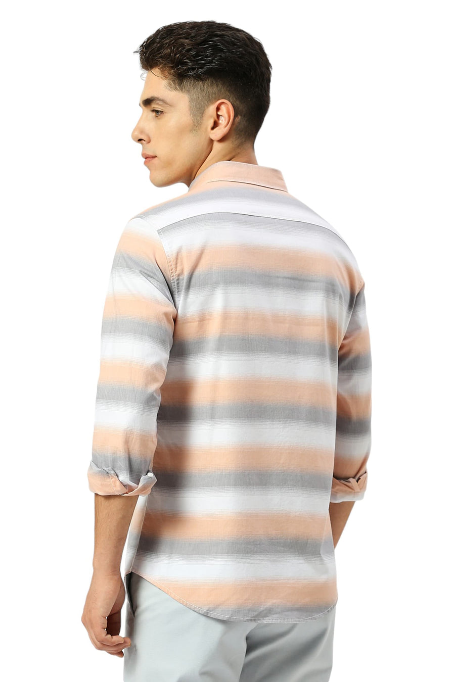 BASICS SLIM FIT FROST GREY COTTON WEFT HERRINGBONE STRIPE SHIRT