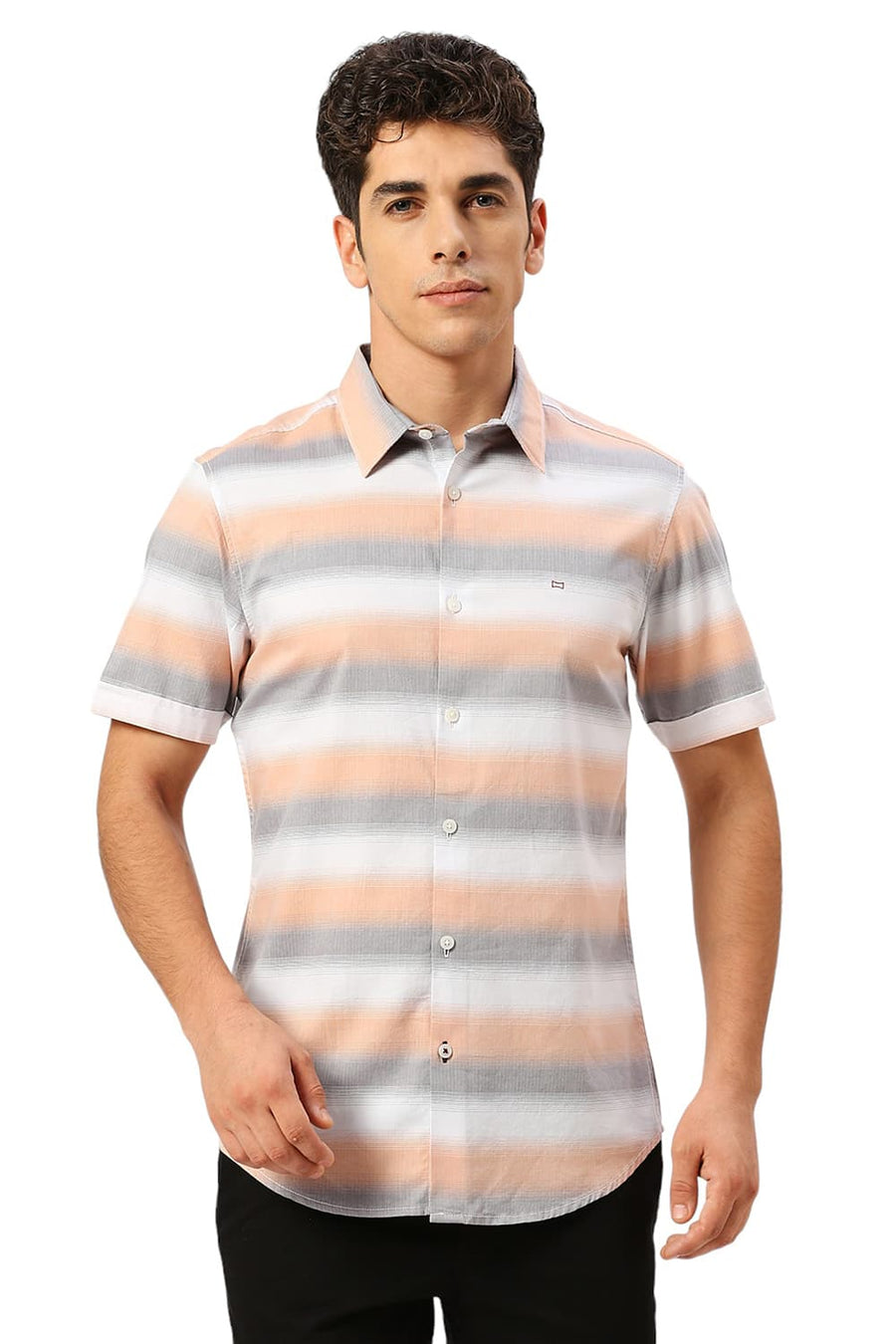 BASICS SLIM FIT FROST GREY COTTON WEFT HERRINGBONE STRIPE HALFSLEEVES SHIRT