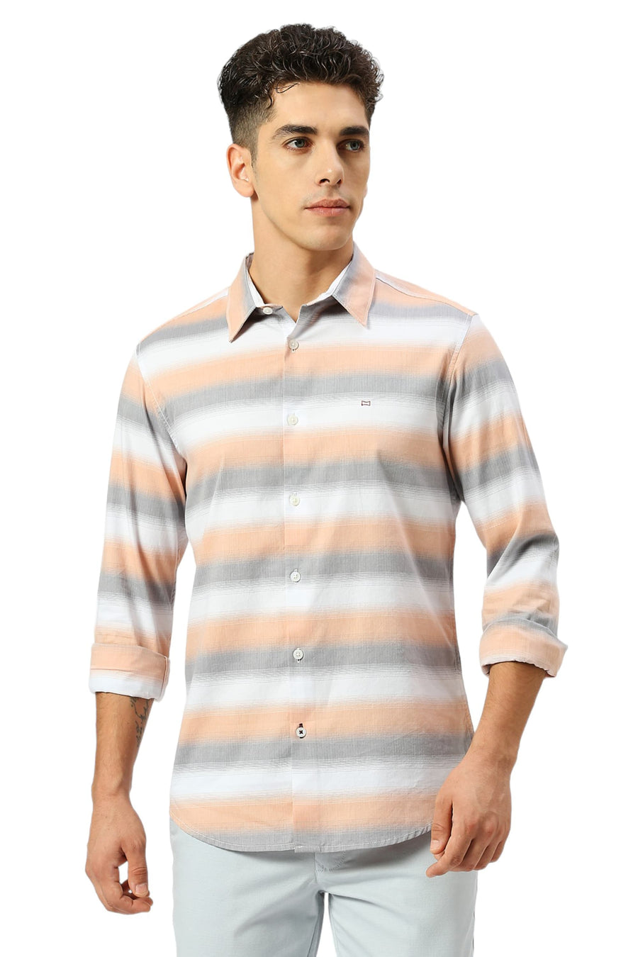 BASICS SLIM FIT FROST GREY COTTON WEFT HERRINGBONE STRIPE SHIRT