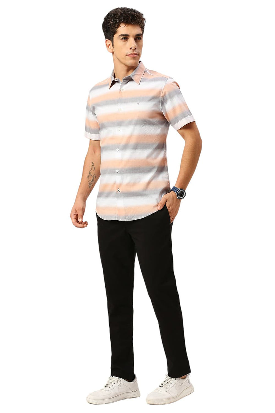 BASICS SLIM FIT FROST GREY COTTON WEFT HERRINGBONE STRIPE HALFSLEEVES SHIRT