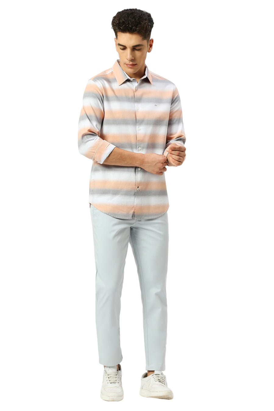 BASICS SLIM FIT FROST GREY COTTON WEFT HERRINGBONE STRIPE SHIRT