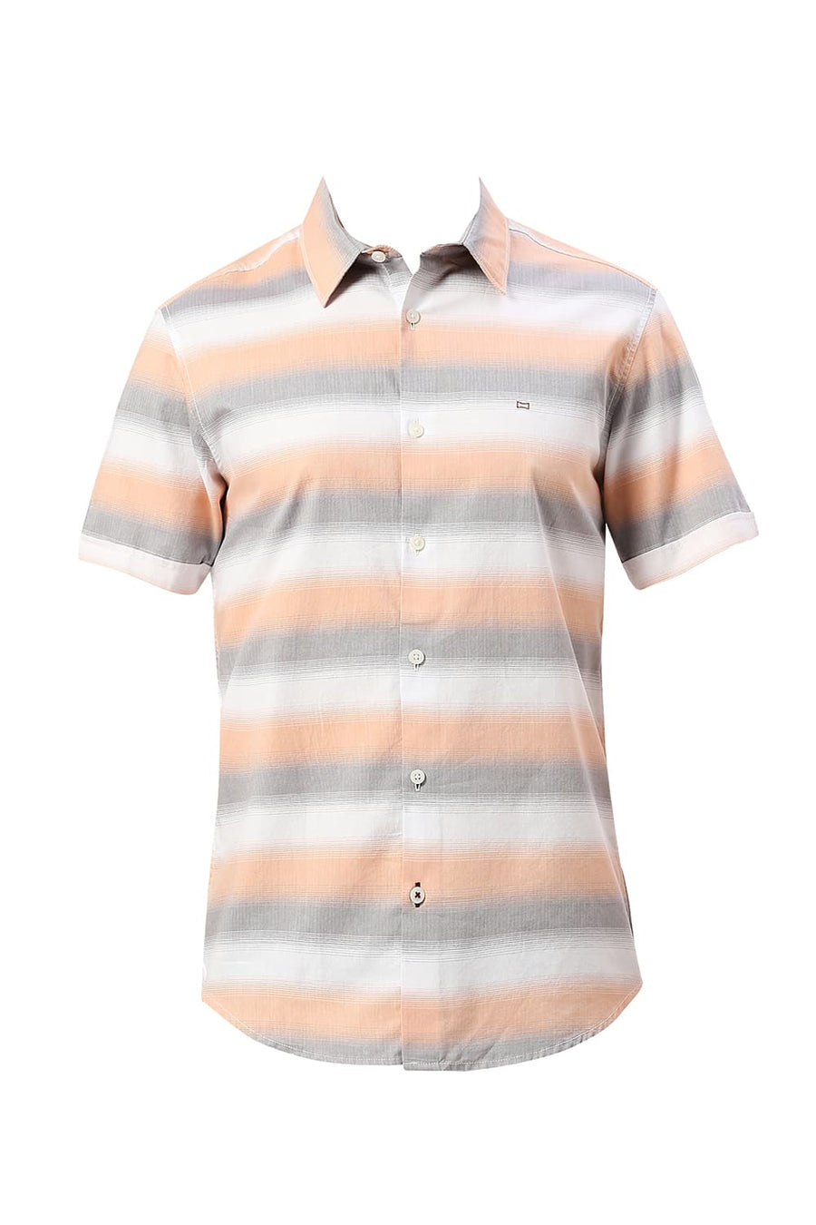 BASICS SLIM FIT FROST GREY COTTON WEFT HERRINGBONE STRIPE HALFSLEEVES SHIRT