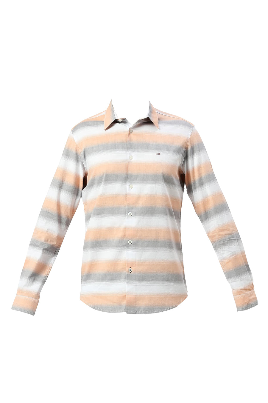 BASICS SLIM FIT FROST GREY COTTON WEFT HERRINGBONE STRIPE SHIRT