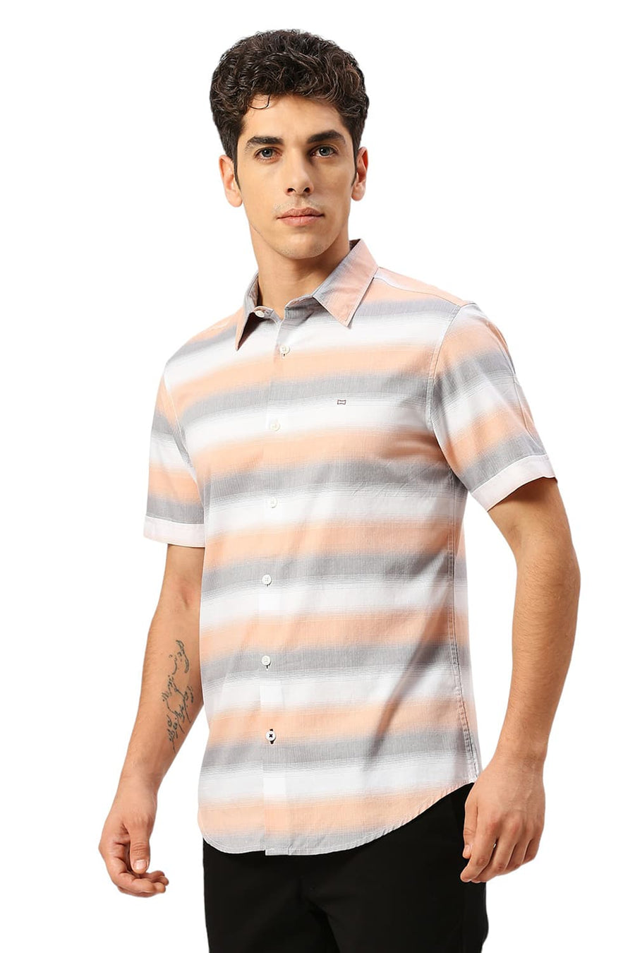 BASICS SLIM FIT FROST GREY COTTON WEFT HERRINGBONE STRIPE HALFSLEEVES SHIRT