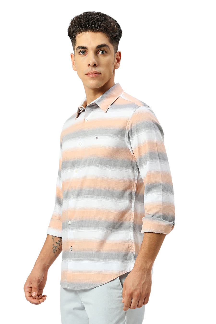 BASICS SLIM FIT FROST GREY COTTON WEFT HERRINGBONE STRIPE SHIRT