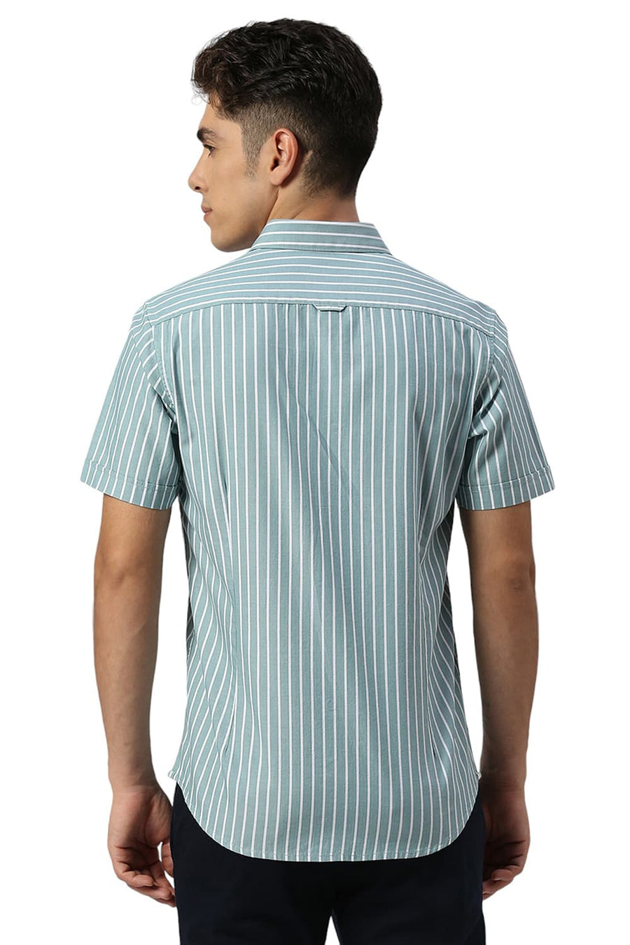 BASICS SLIM FIT GREEN MIST COTTON HERRINGBONE STRIPE HALFSLEEVES SHIRT
