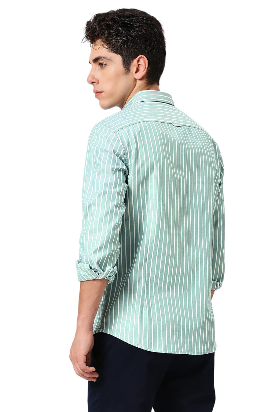 BASICS SLIM FIT GREEN MIST COTTON HERRINGBONE STRIPE SHIRT