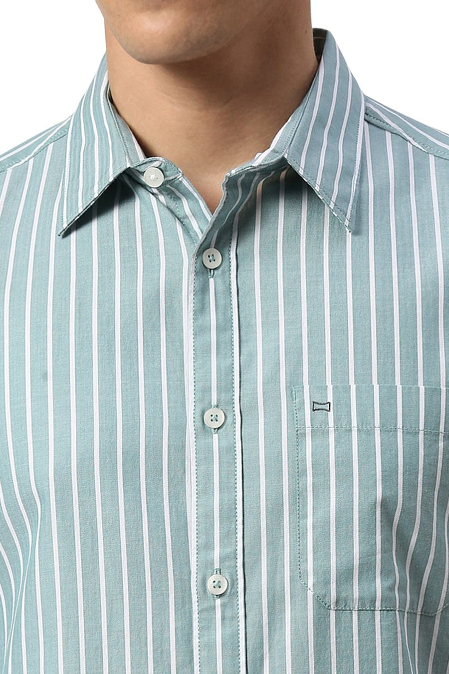 BASICS SLIM FIT GREEN MIST COTTON HERRINGBONE STRIPE HALFSLEEVES SHIRT