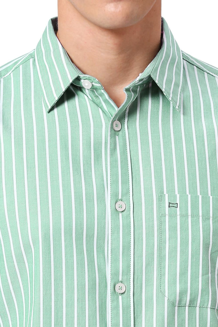 BASICS SLIM FIT GREEN MIST COTTON HERRINGBONE STRIPE SHIRT