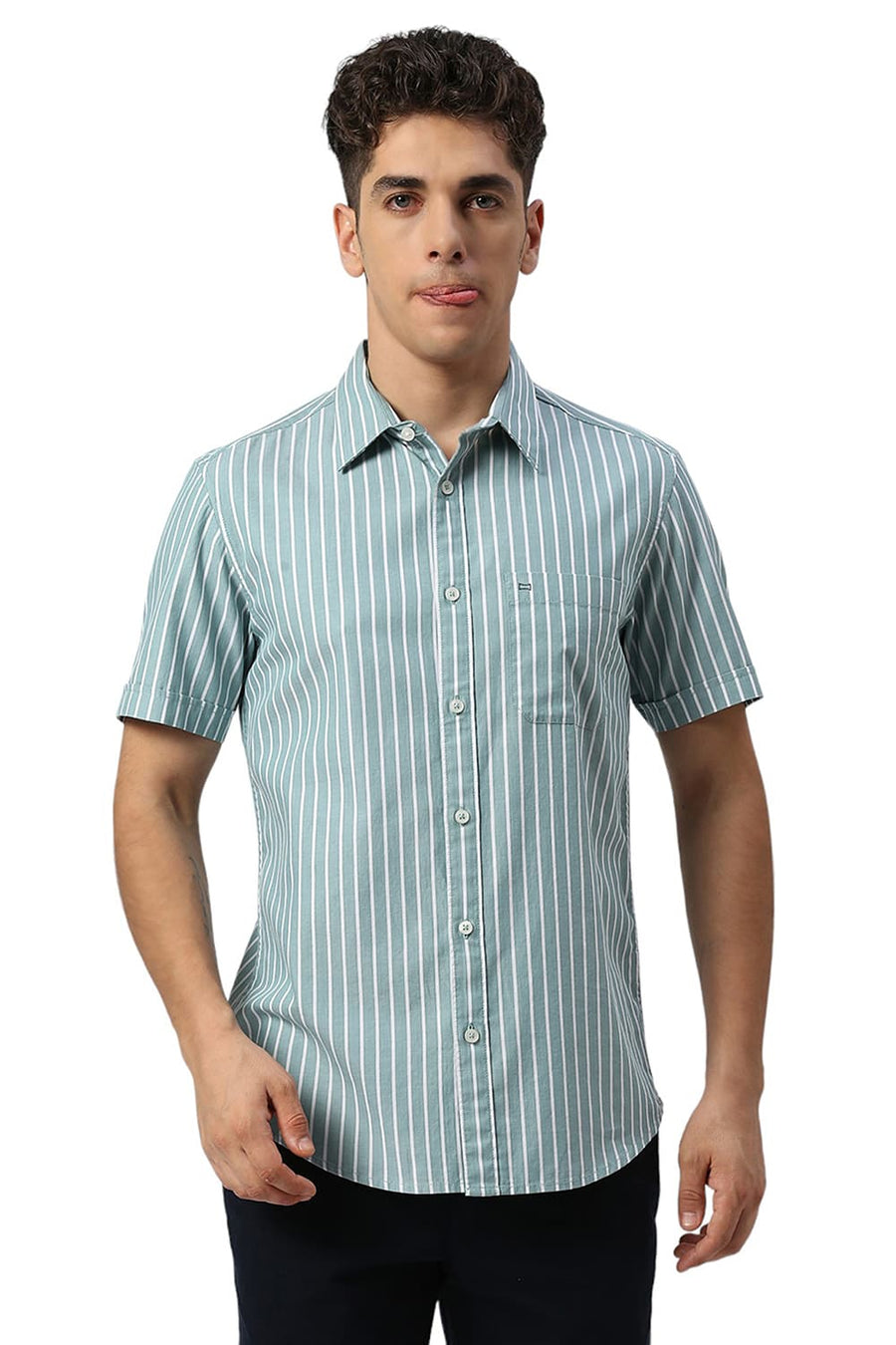BASICS SLIM FIT GREEN MIST COTTON HERRINGBONE STRIPE HALFSLEEVES SHIRT