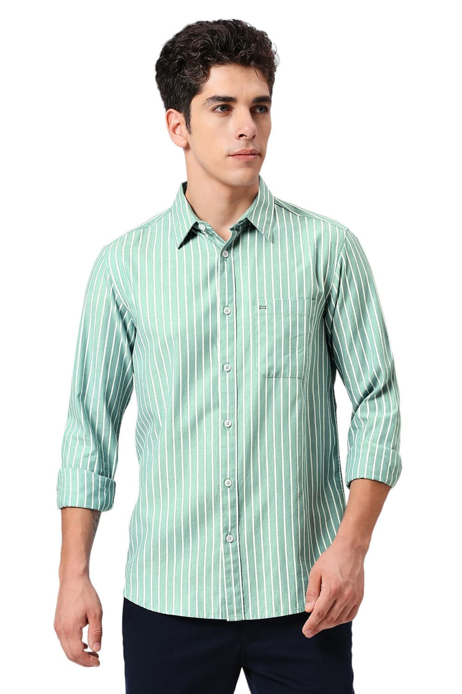 BASICS SLIM FIT GREEN MIST COTTON HERRINGBONE STRIPE SHIRT