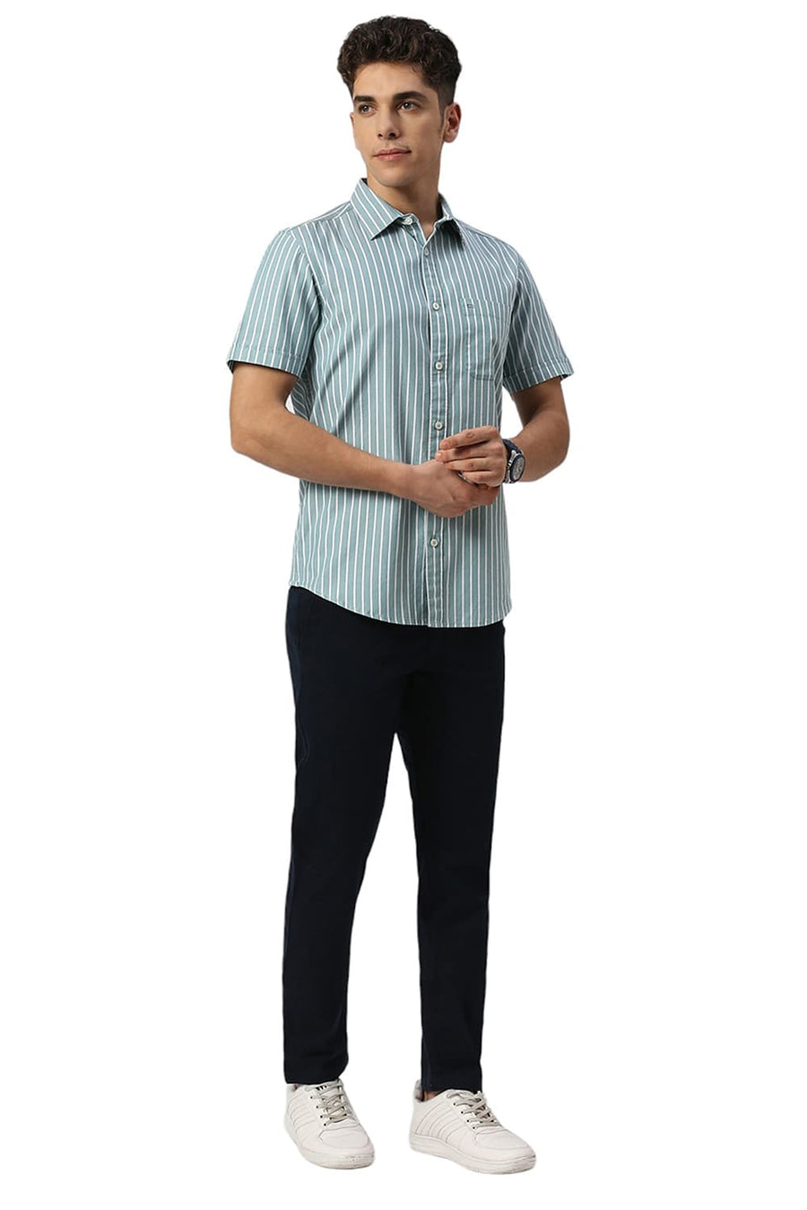 BASICS SLIM FIT GREEN MIST COTTON HERRINGBONE STRIPE HALFSLEEVES SHIRT