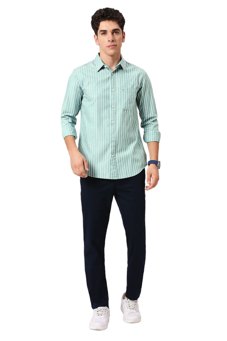 BASICS SLIM FIT GREEN MIST COTTON HERRINGBONE STRIPE SHIRT