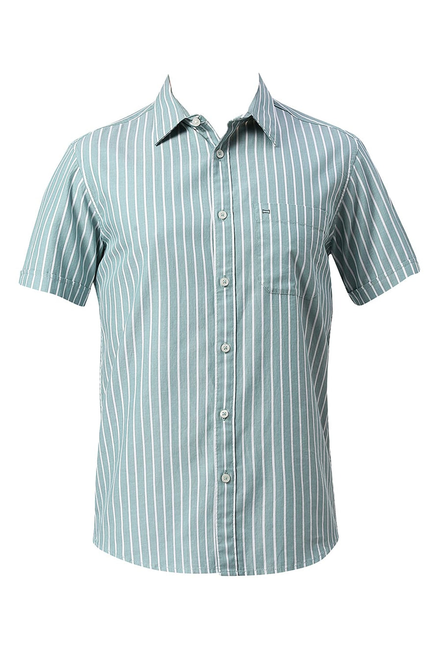 BASICS SLIM FIT GREEN MIST COTTON HERRINGBONE STRIPE HALFSLEEVES SHIRT