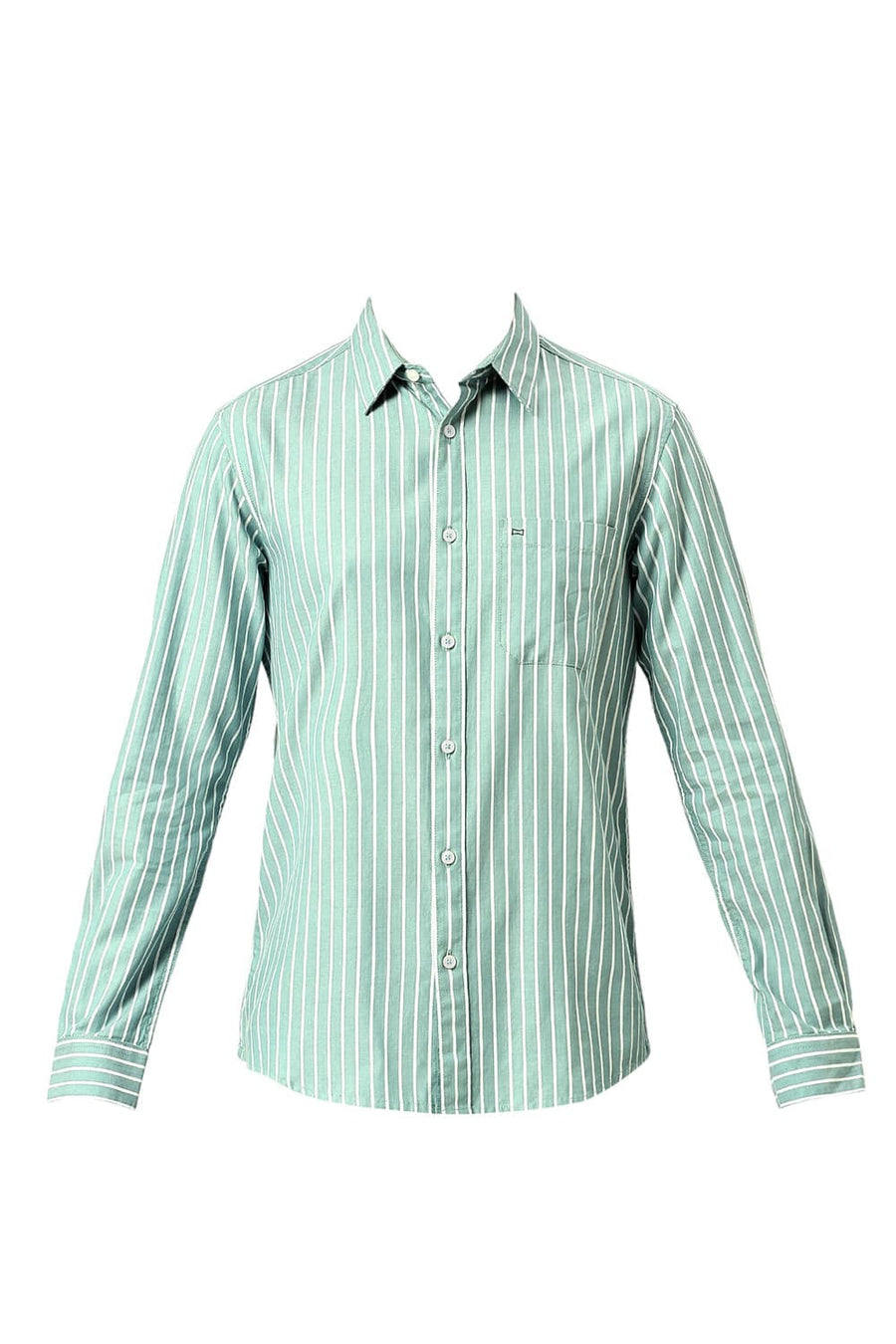 BASICS SLIM FIT GREEN MIST COTTON HERRINGBONE STRIPE SHIRT