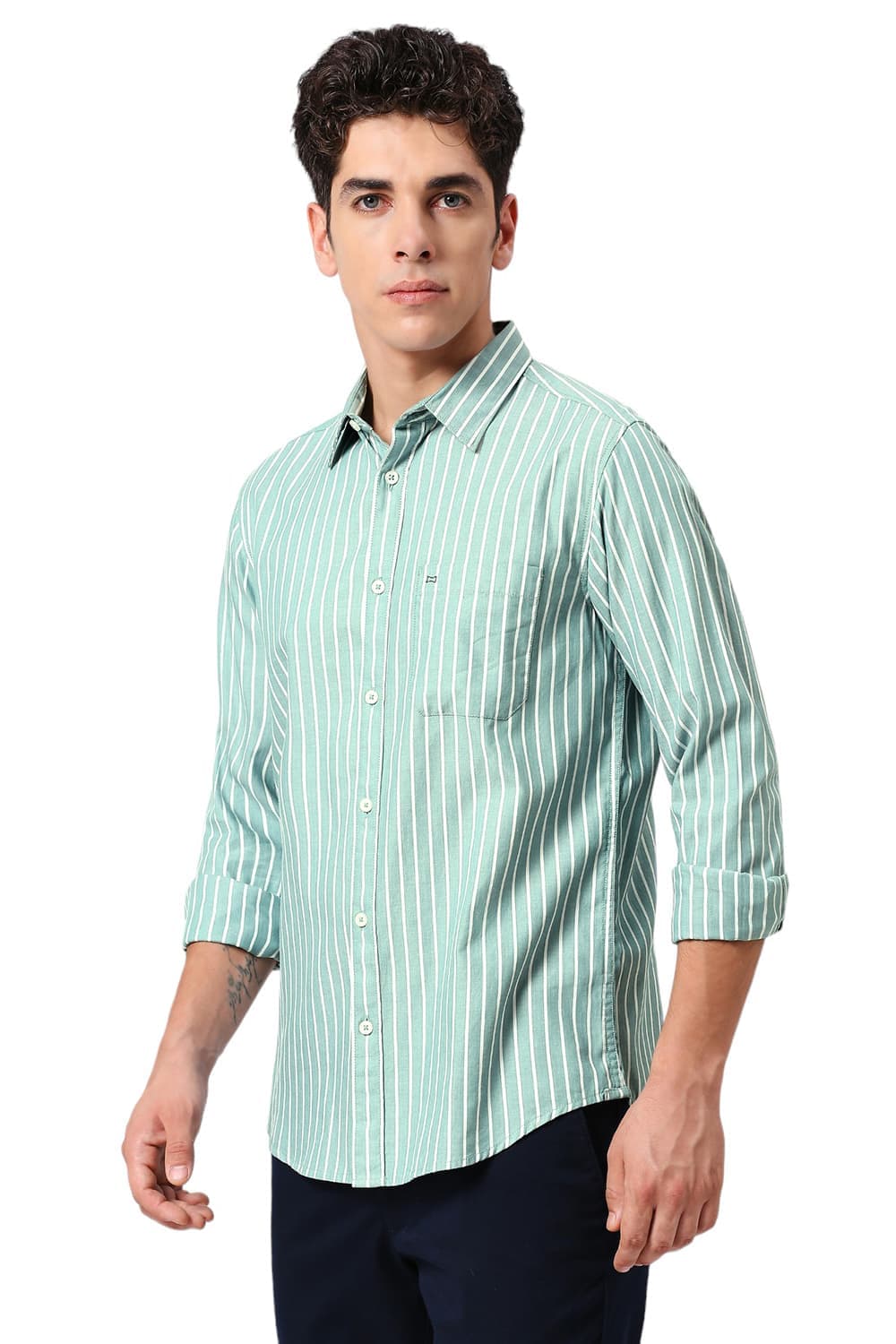 SLIM FIT COTTON HERRINGBONE STRIPE SHIRT