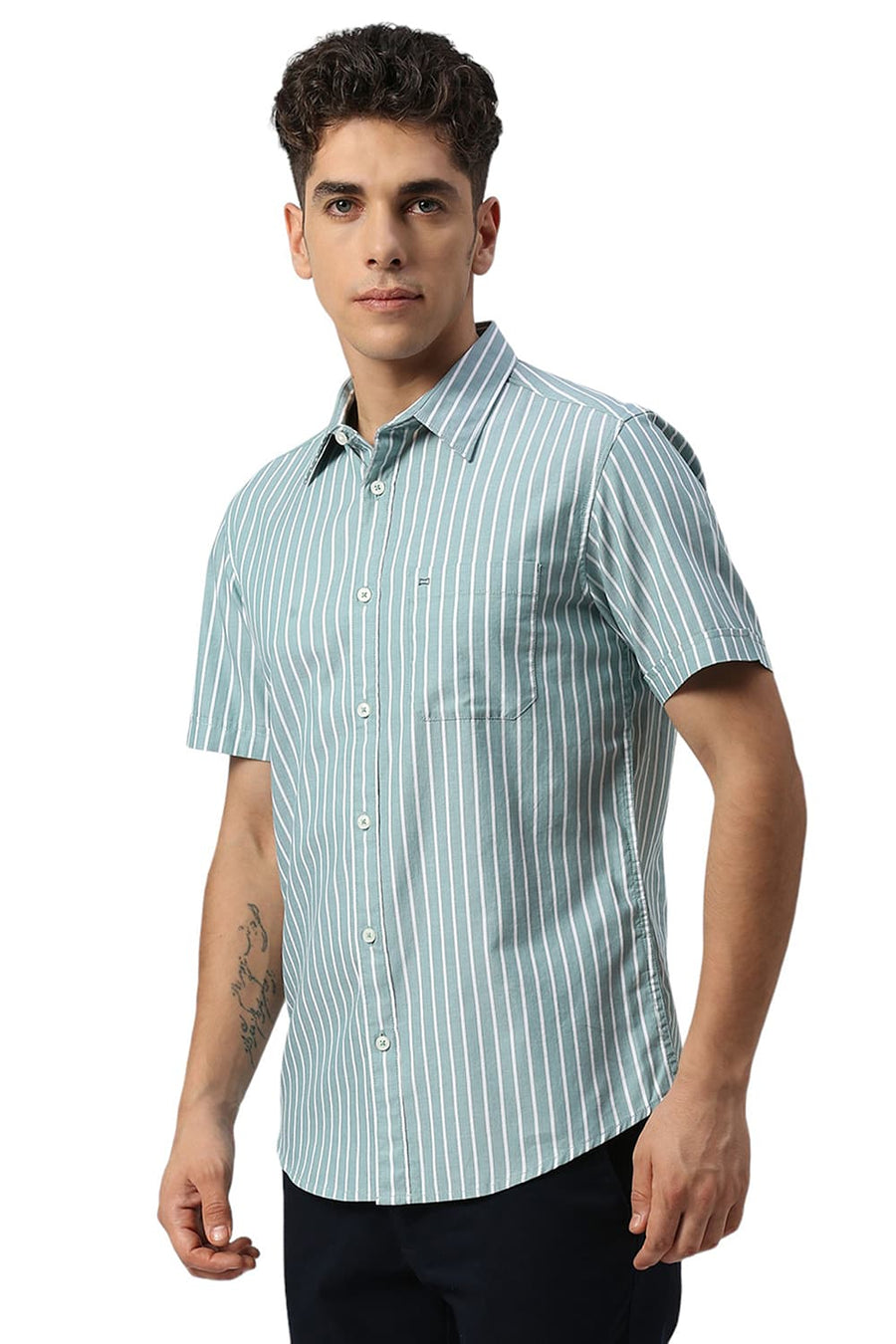 BASICS SLIM FIT GREEN MIST COTTON HERRINGBONE STRIPE HALFSLEEVES SHIRT