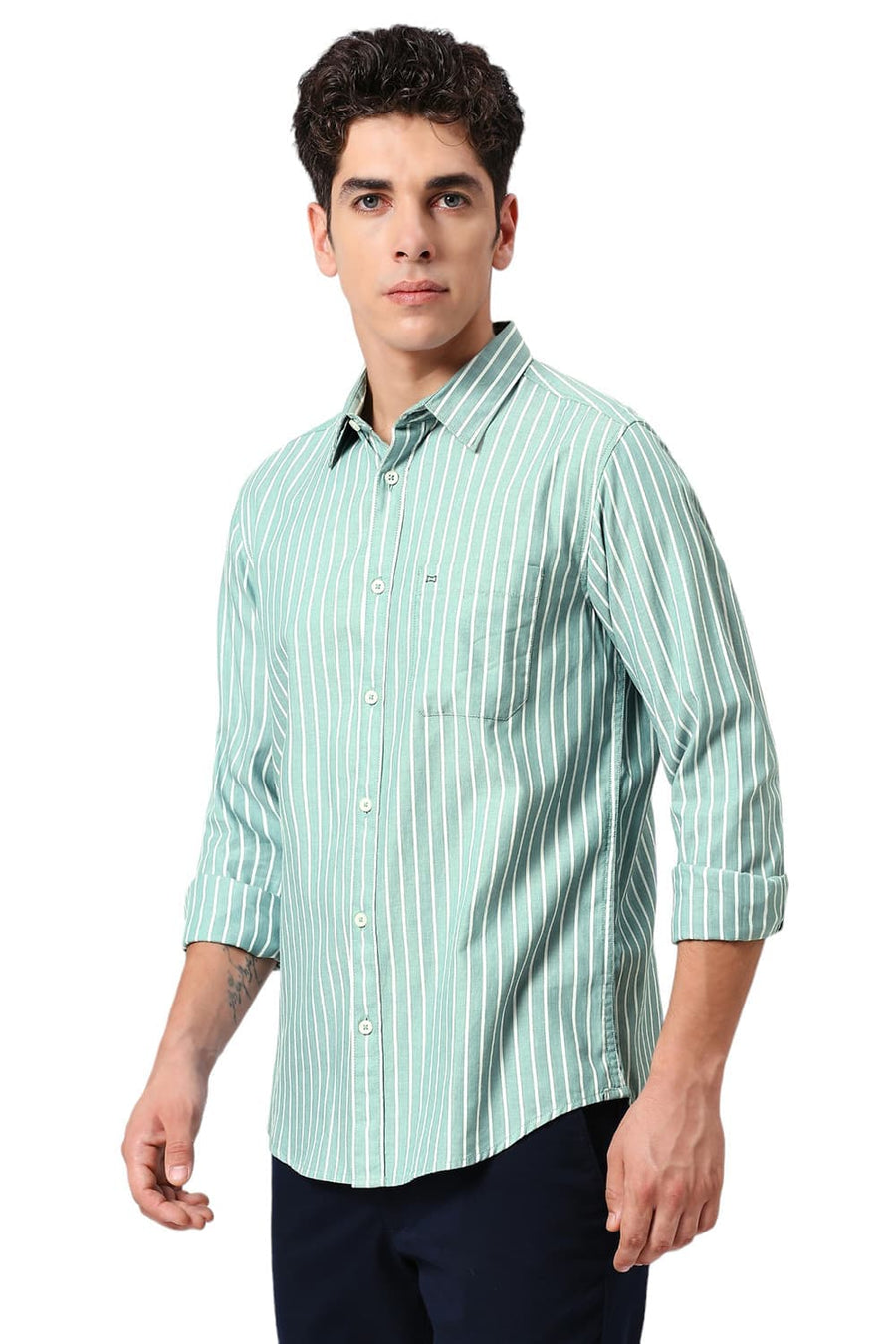 BASICS SLIM FIT GREEN MIST COTTON HERRINGBONE STRIPE SHIRT