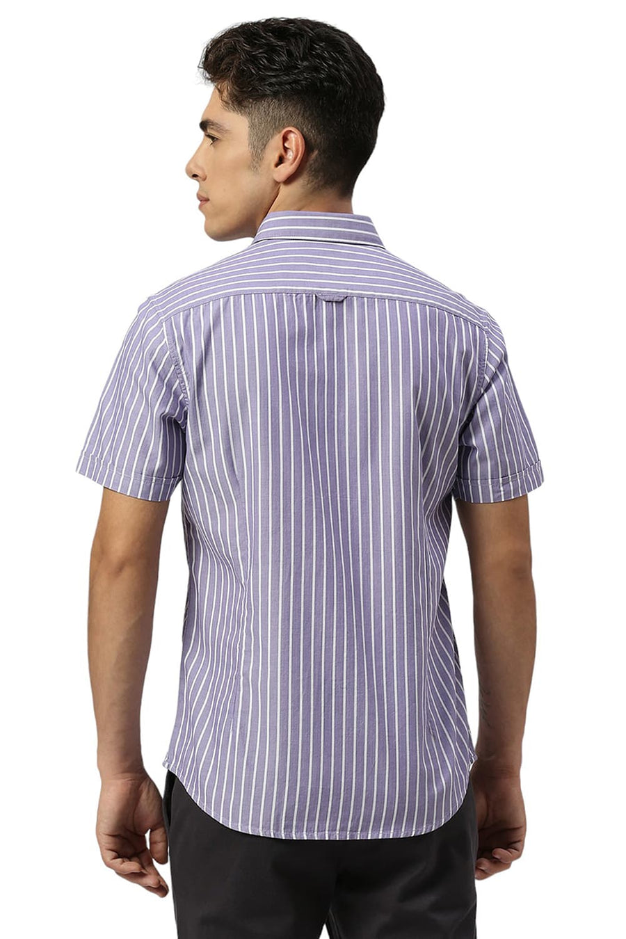 BASICS SLIM FIT DUSK PURPLE COTTON HERRINGBONE STRIPE HALFSLEEVES SHIRT
