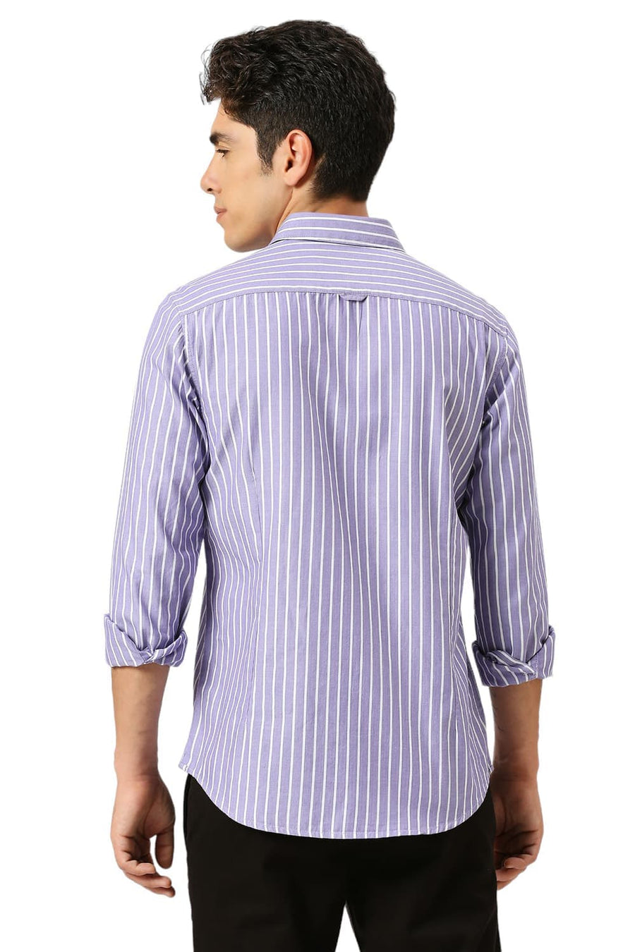 BASICS SLIM FIT DUSK PURPLE COTTON HERRINGBONE STRIPE SHIRT