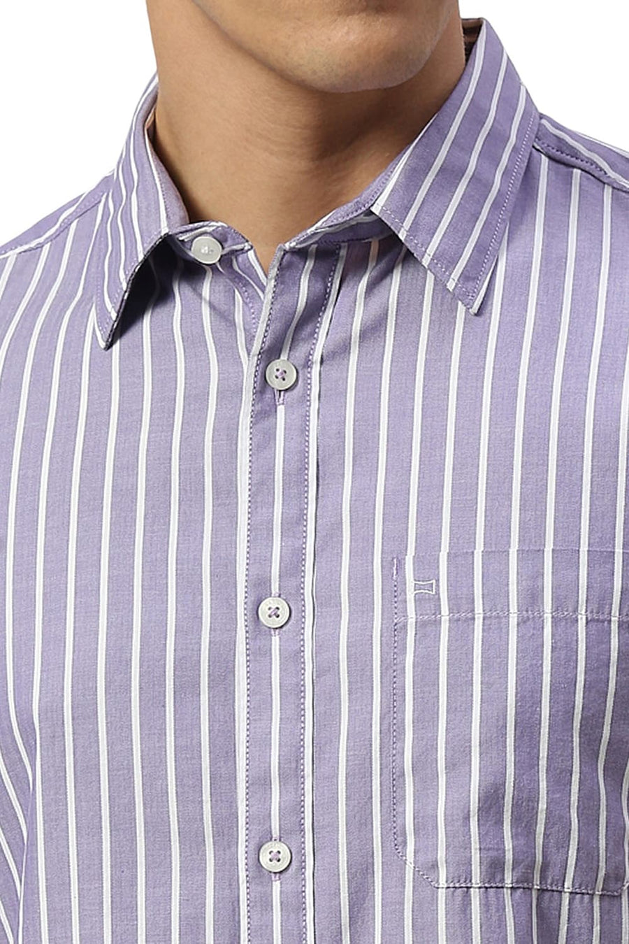 BASICS SLIM FIT DUSK PURPLE COTTON HERRINGBONE STRIPE HALFSLEEVES SHIRT