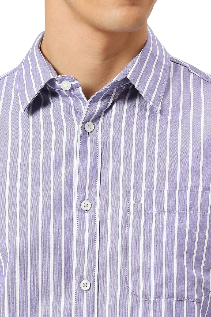 BASICS SLIM FIT DUSK PURPLE COTTON HERRINGBONE STRIPE SHIRT