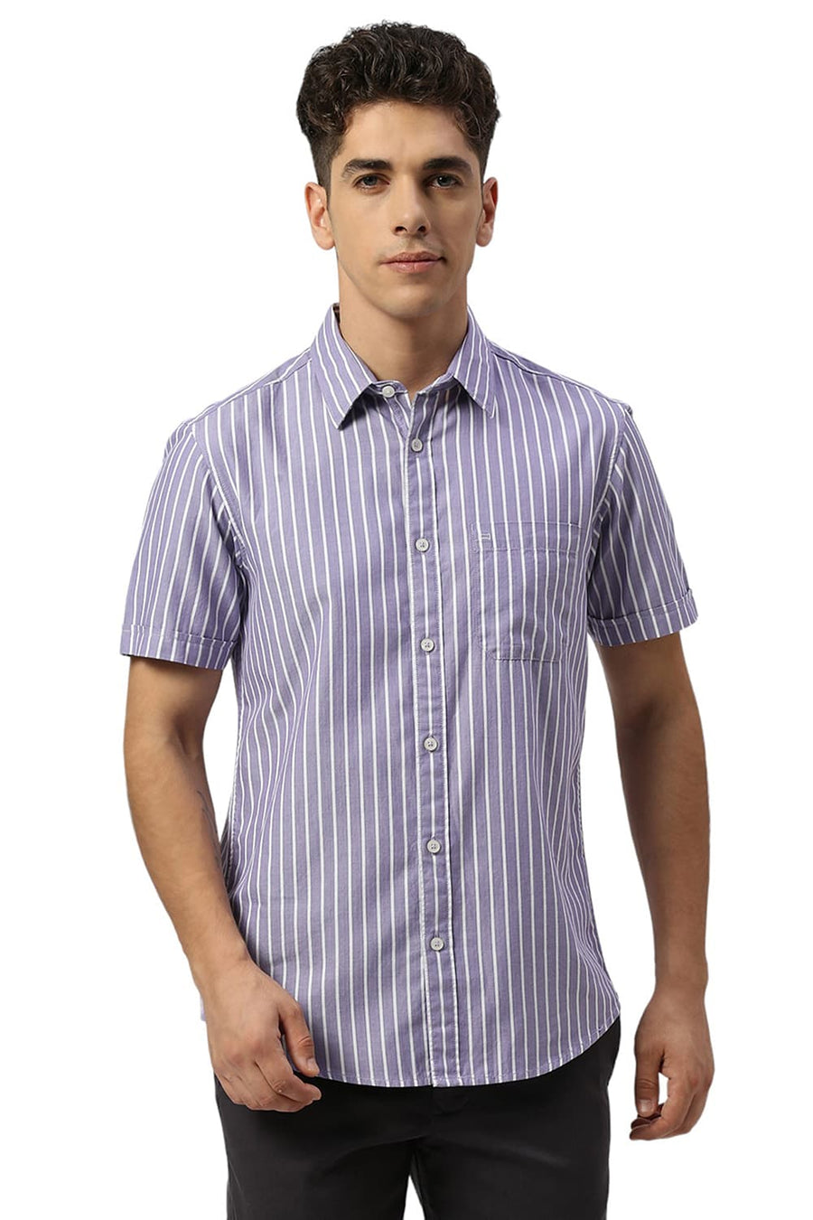 BASICS SLIM FIT DUSK PURPLE COTTON HERRINGBONE STRIPE HALFSLEEVES SHIRT