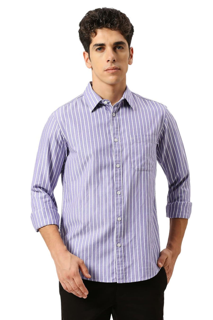 BASICS SLIM FIT DUSK PURPLE COTTON HERRINGBONE STRIPE SHIRT