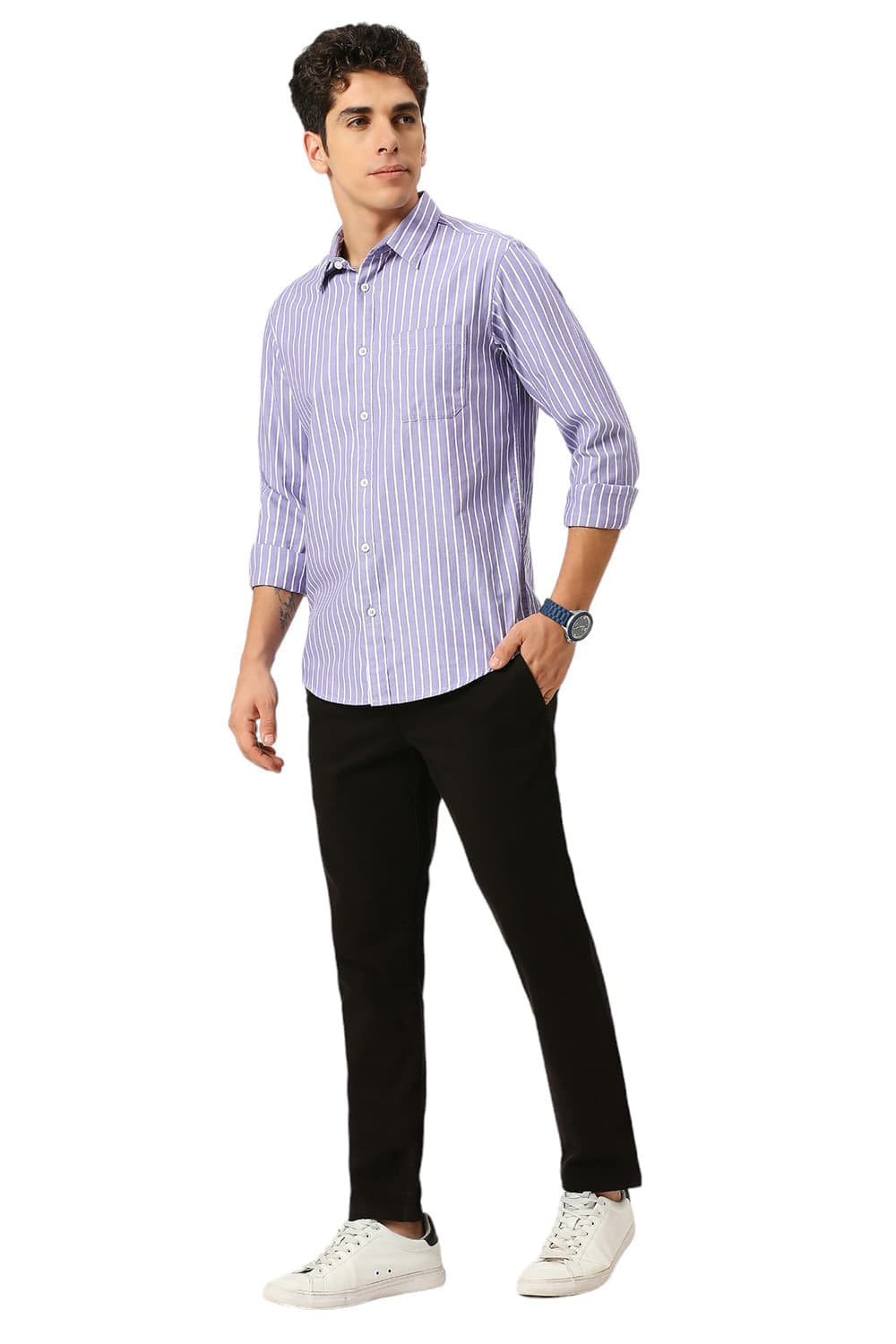 SLIM FIT COTTON HERRINGBONE STRIPE SHIRT