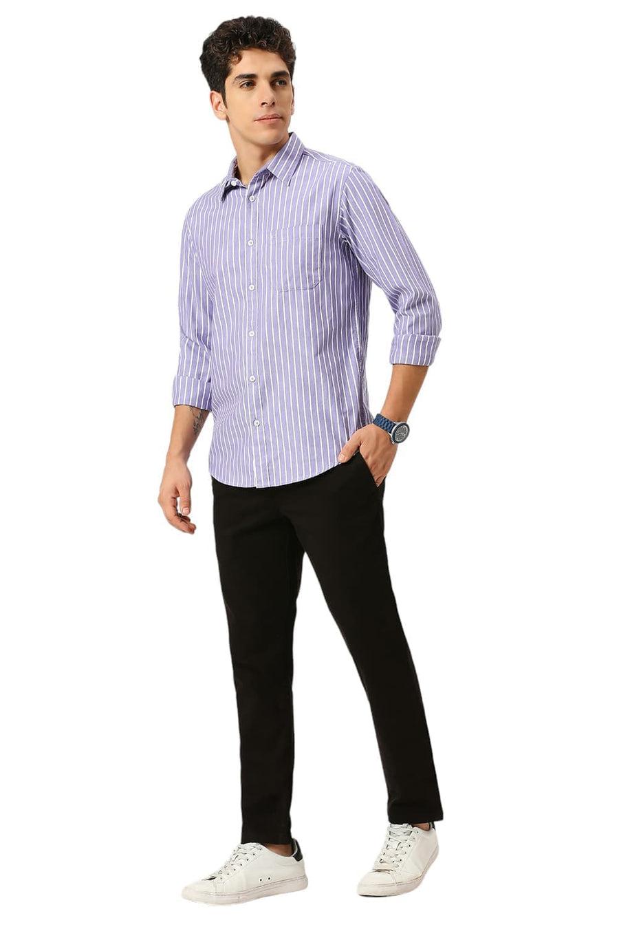 BASICS SLIM FIT DUSK PURPLE COTTON HERRINGBONE STRIPE SHIRT