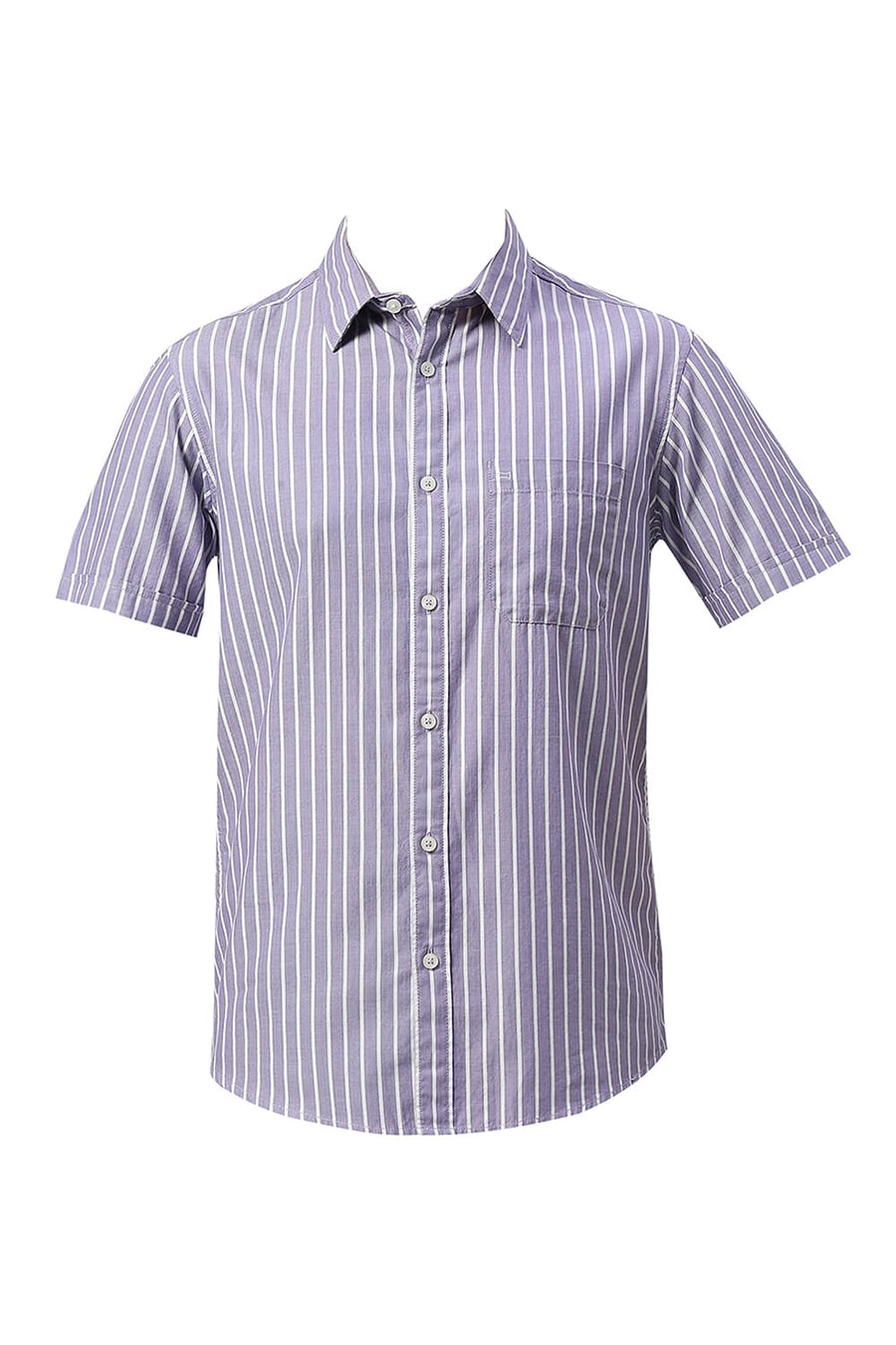 BASICS SLIM FIT DUSK PURPLE COTTON HERRINGBONE STRIPE HALFSLEEVES SHIRT