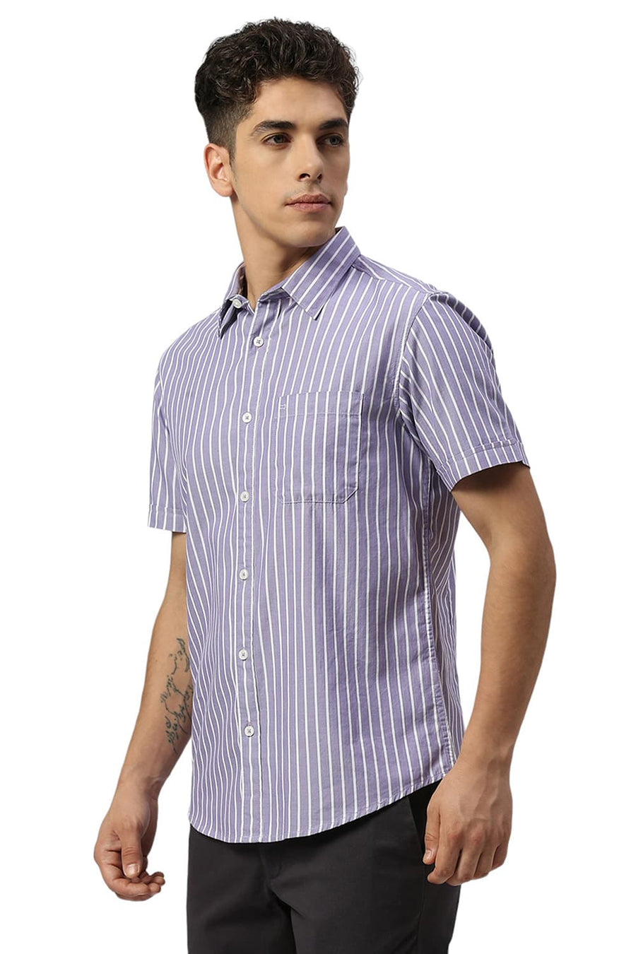 BASICS SLIM FIT DUSK PURPLE COTTON HERRINGBONE STRIPE HALFSLEEVES SHIRT