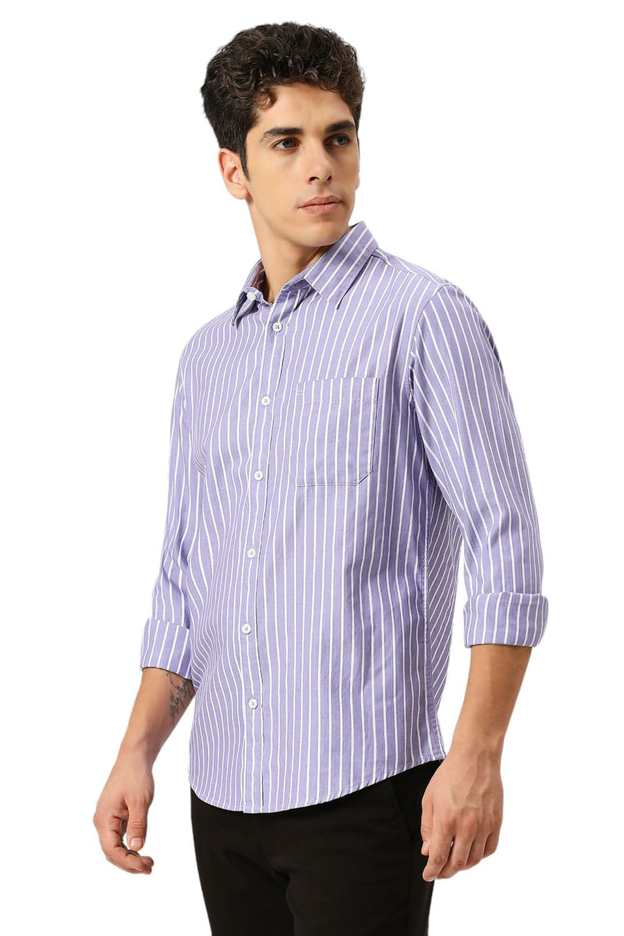 BASICS SLIM FIT DUSK PURPLE COTTON HERRINGBONE STRIPE SHIRT