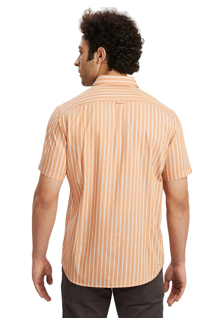 BASICS SLIM FIT SANDSTONE ORANGE COTTON TWILL STRIPE HALFSLEEVES SHIRT
