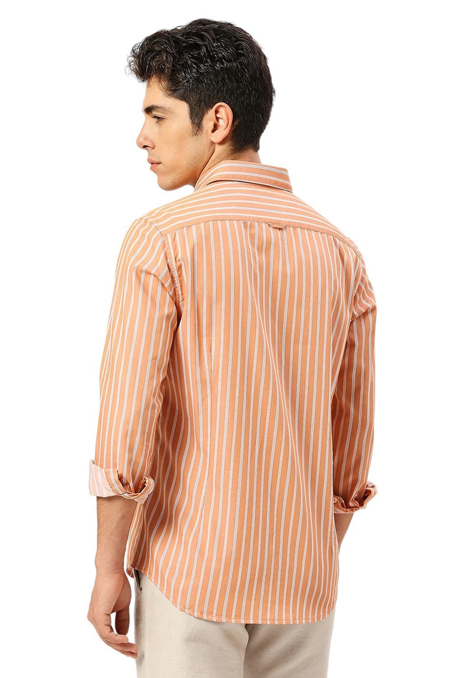 BASICS SLIM FIT SANDSTONE ORANGE COTTON TWILL STRIPE SHIRT