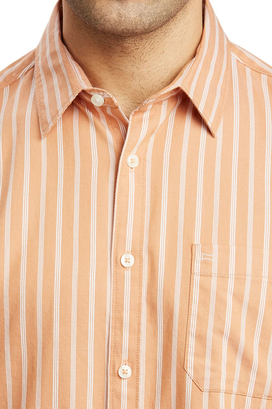 BASICS SLIM FIT SANDSTONE ORANGE COTTON TWILL STRIPE HALFSLEEVES SHIRT