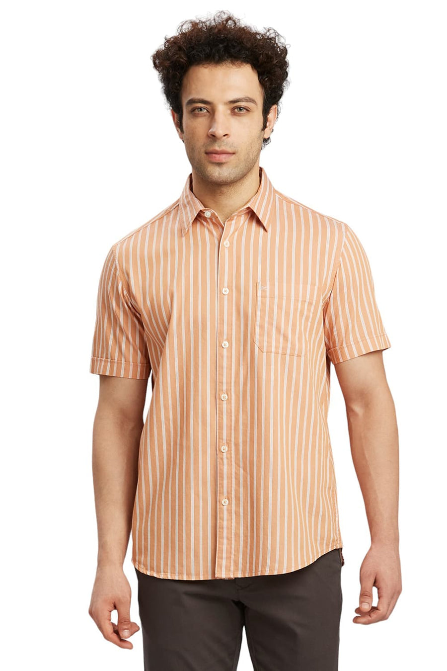 BASICS SLIM FIT SANDSTONE ORANGE COTTON TWILL STRIPE HALFSLEEVES SHIRT