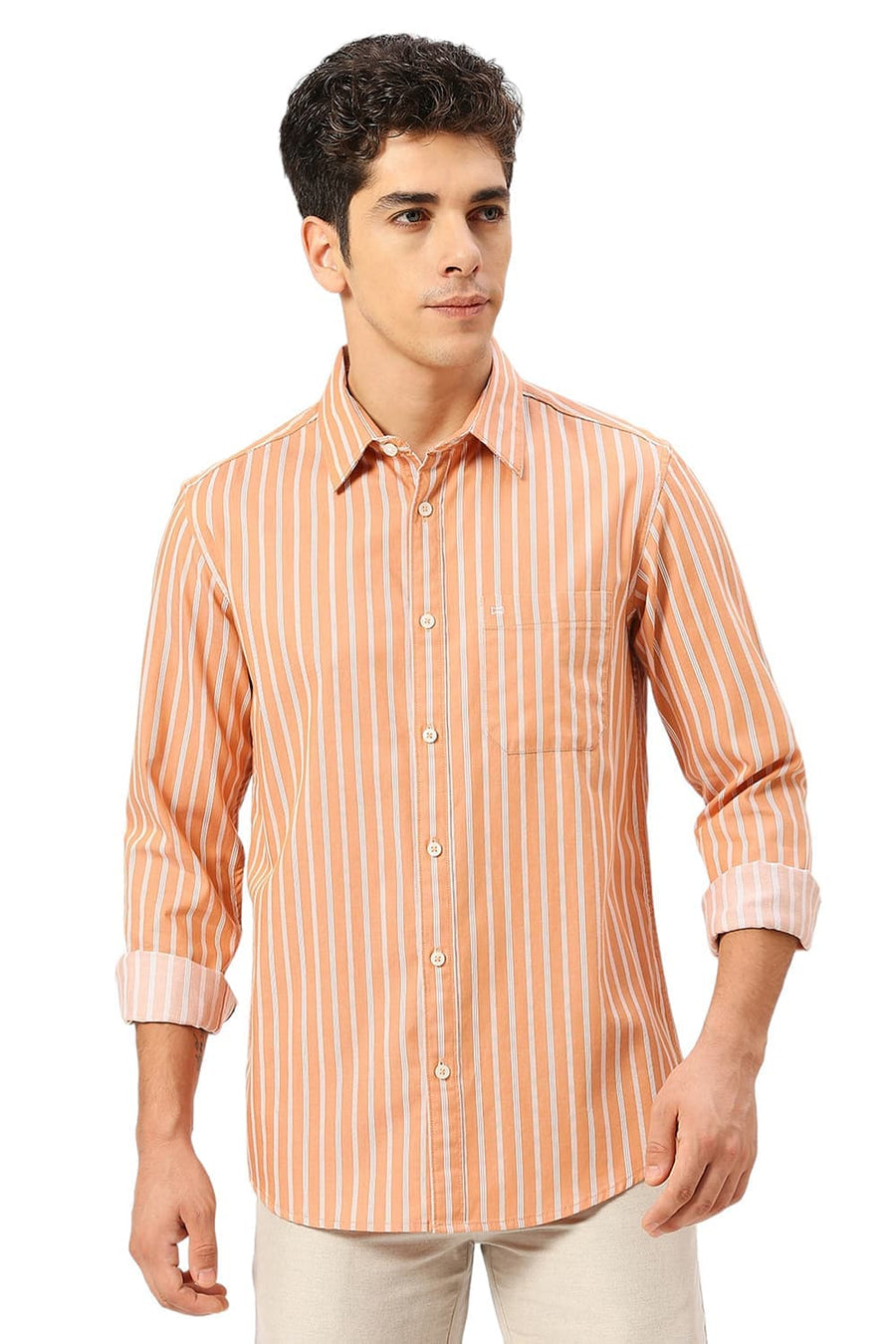 BASICS SLIM FIT SANDSTONE ORANGE COTTON TWILL STRIPE SHIRT